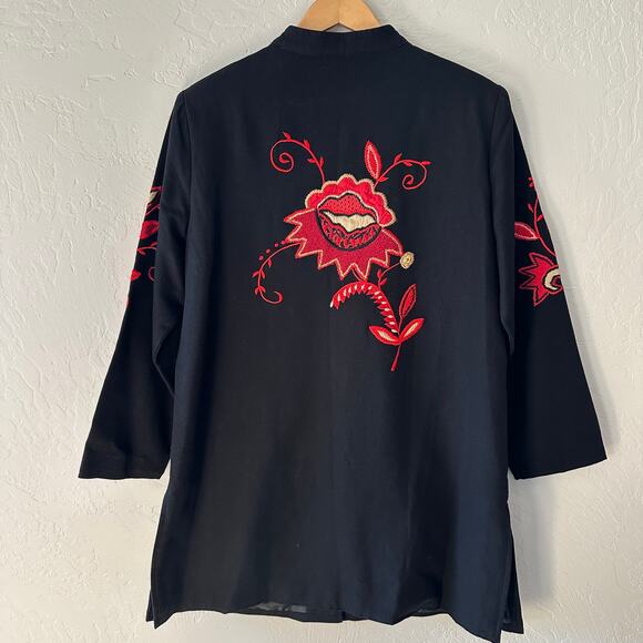 INDIGO MOON Womens Boho Floral Embroidered Jacket Size L Crochet Artsy Black Red - Picture 4 of 8